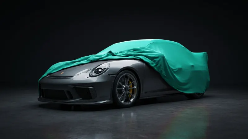 Porsche pod turkusowym pokrowcem CarCapes w studiu